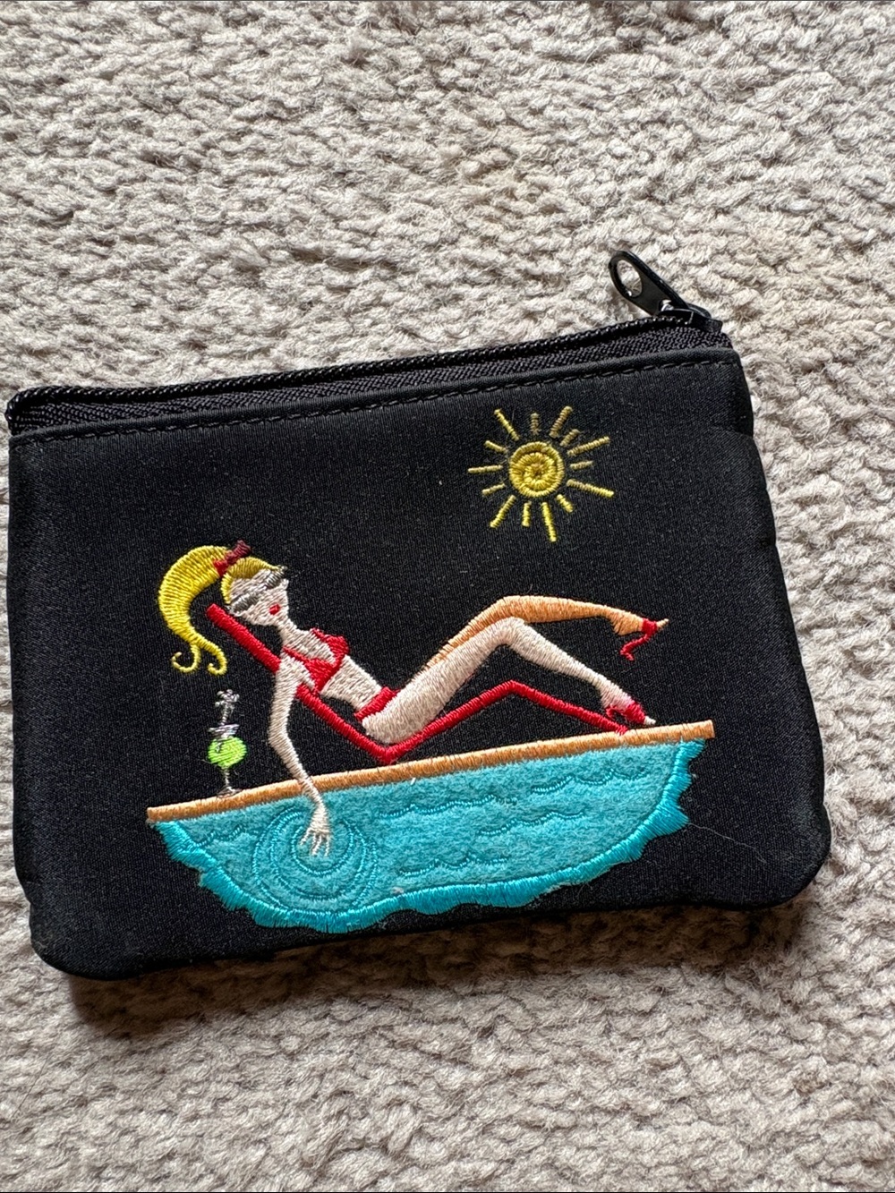 Black Embroidered Poolside Cosmetic /Coin Pouch - Black